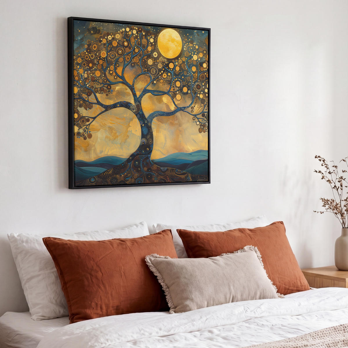 LEINWAND Bilder mit Rahmen - Baum - Mond - Blumen - Gold - Kunst - 50x50 - Orange, Textil (50/50cm) - MuchoWow