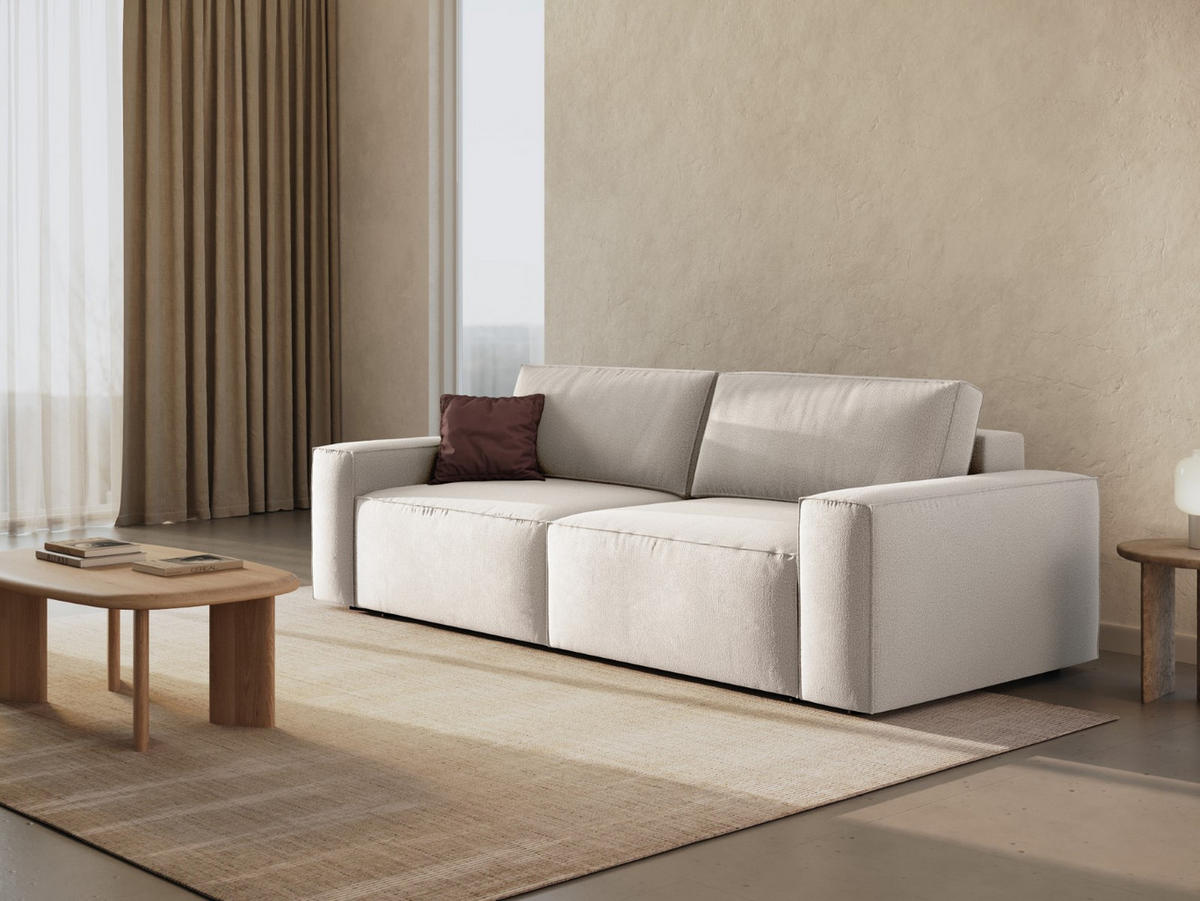 SOFA ausklappbar mit Bettkasten Jodie aus strukturiertem Stoff leichtes beige 3 Sitzplätze - Creme, Textil (107/86/247cm) - Micadoni