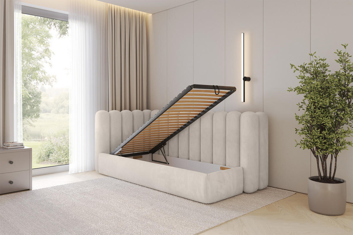 EINZELLBETT Jugendbett mit Bettkasten und Matratze H3/H4, Rechts - HUGY 100x200 Beige - Sandfarben, Holzwerkstoff/Textil (100/200cm) - ALTDECOR