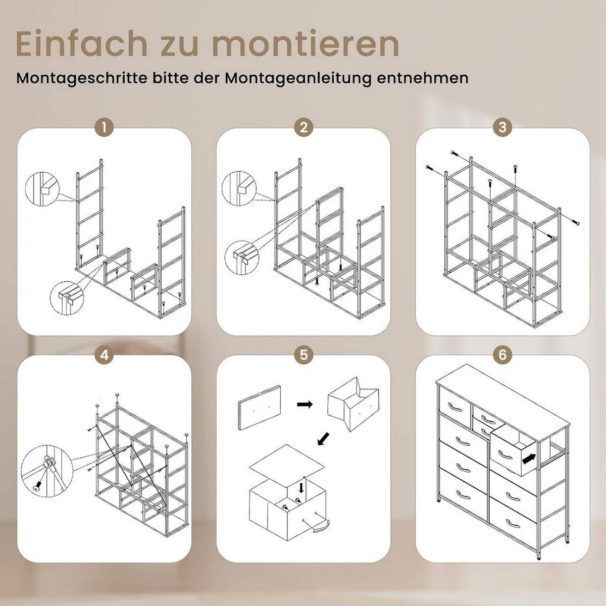 KOMMODE mit 10 Schubladen, Industrial Stil, Vintagebraun - Dunkelbraun/Schwarz, Holzwerkstoff/Textil (100/100/30cm) - Woltu