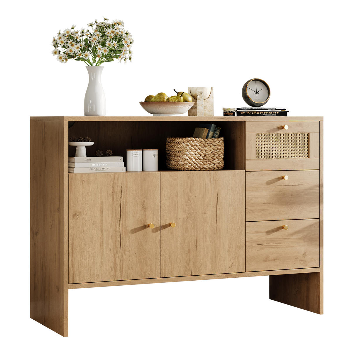 SIDEBOARD 105/40/76 cm mit 2 Türen, 3 Schubladen & Rattan-Optik - Naturfarben, Holzwerkstoff (105/76/40cm) - BEAOK