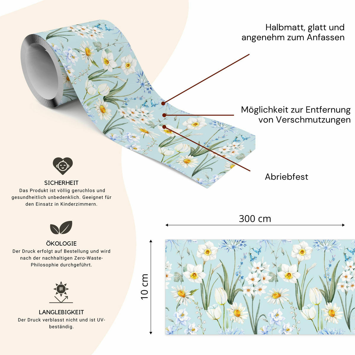 TAPETENBORDÜRE selbstklebend für Wohnzimmer Blumen Blätter Pflanzen - Blau/Weiß, Papier (10/300/300cm) - Muralo
