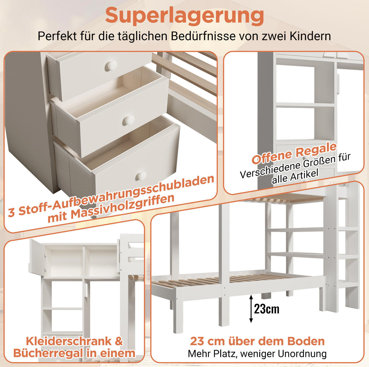 ETAGENBETT 90/200 cm aus Massivholz und MDF mit Nachtlicht und Stauraum Weiß - Weiß, Metall (90/200cm) - Modenvie