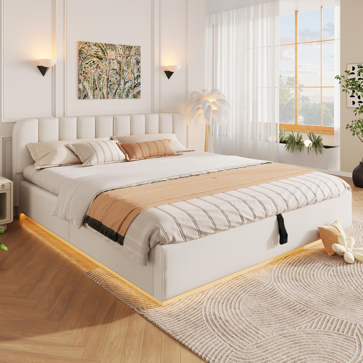 POLSTERBETT 180x200cm Hydraulik LED Chenille Beige - Beige, Holzwerkstoff (180/200cm) - FLIEKS