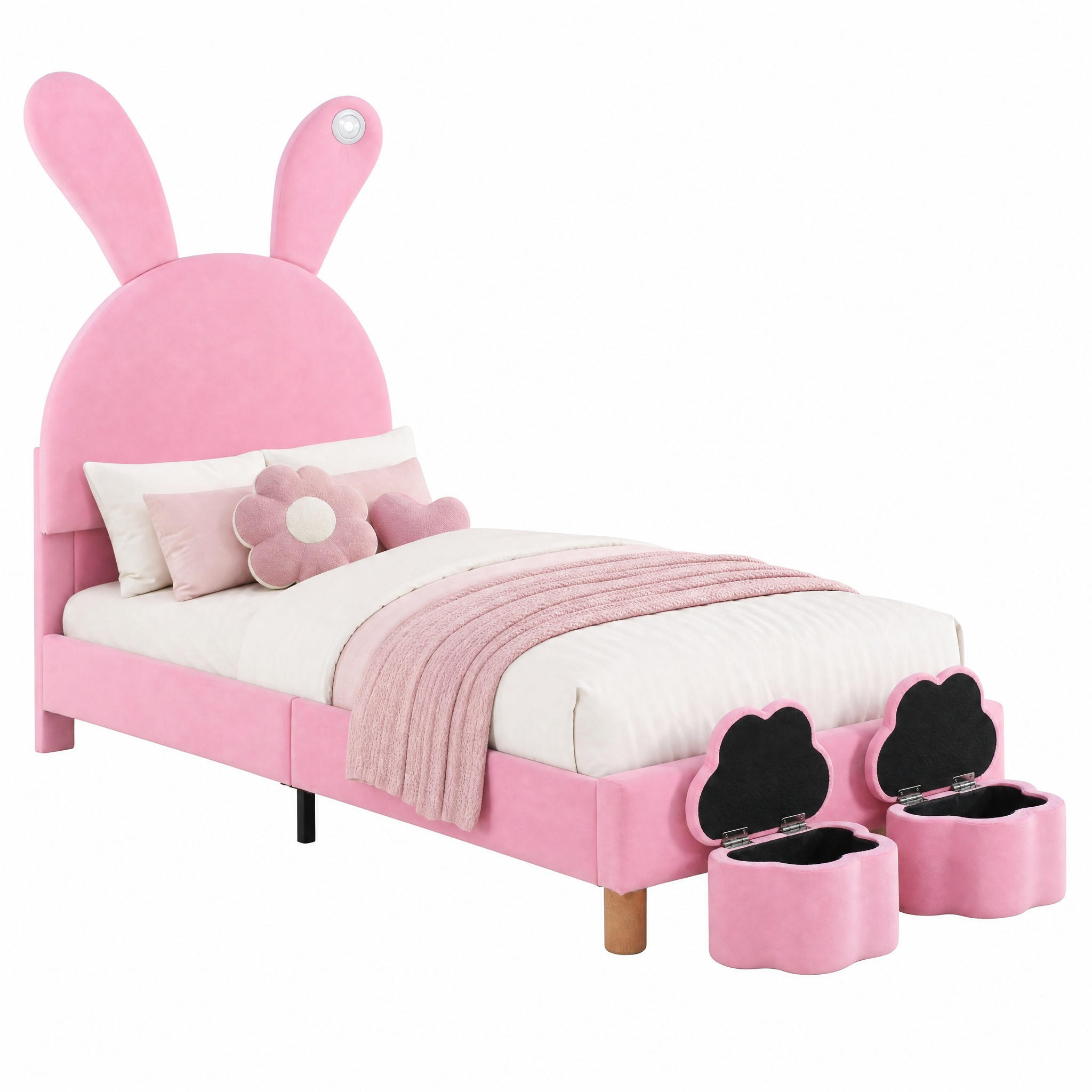 BETT mit 2 Stauraumbänken und LED 90x200 cm Samt Pink - Pink, Holz (90/200cm) - Meubliv