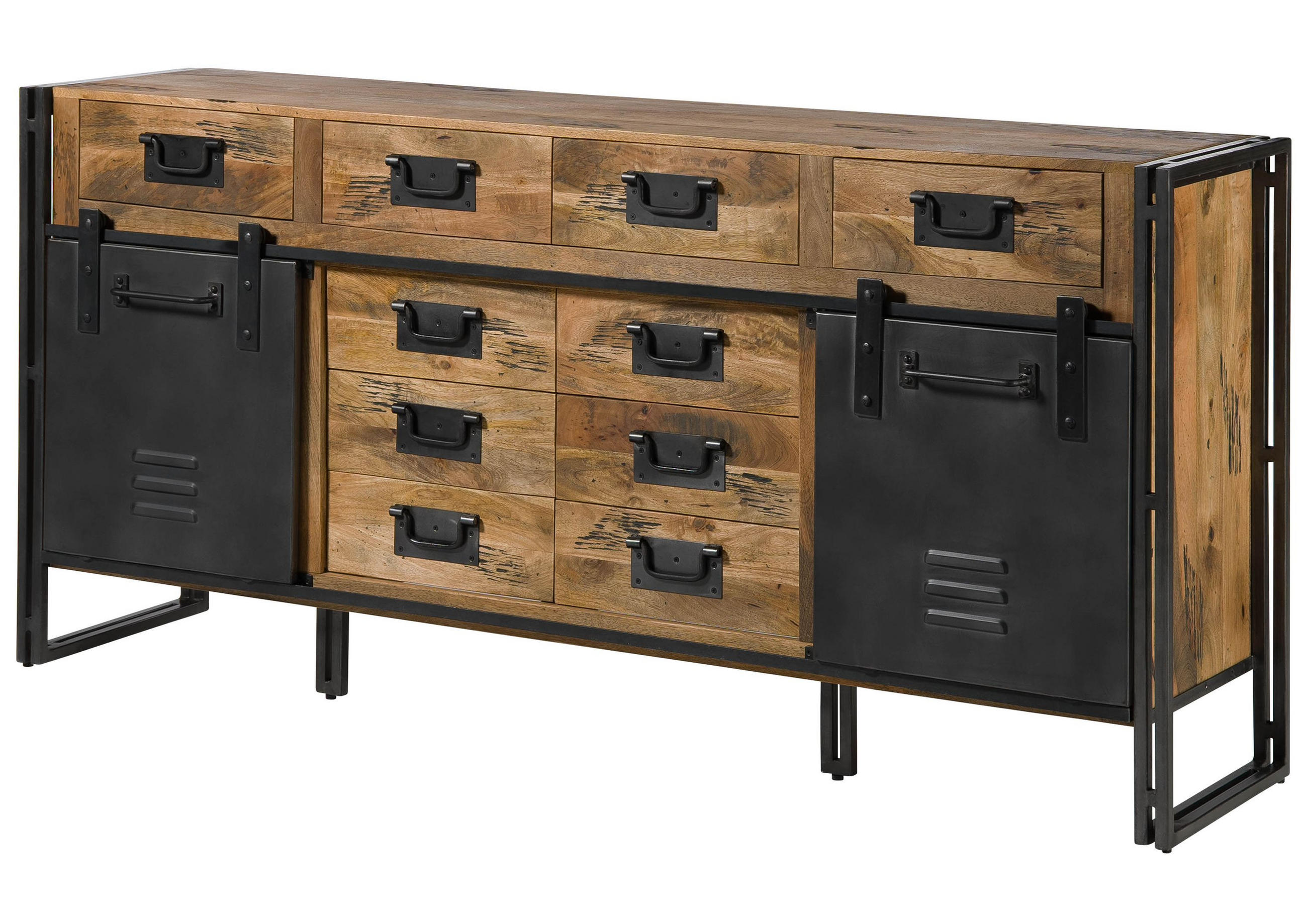 SIDEBOARD Mango 195x45x90 natur lackiert / Metall grau BLACKBURN #309 - Braun, Holz (195/90/45cm) - Massivmoebel24