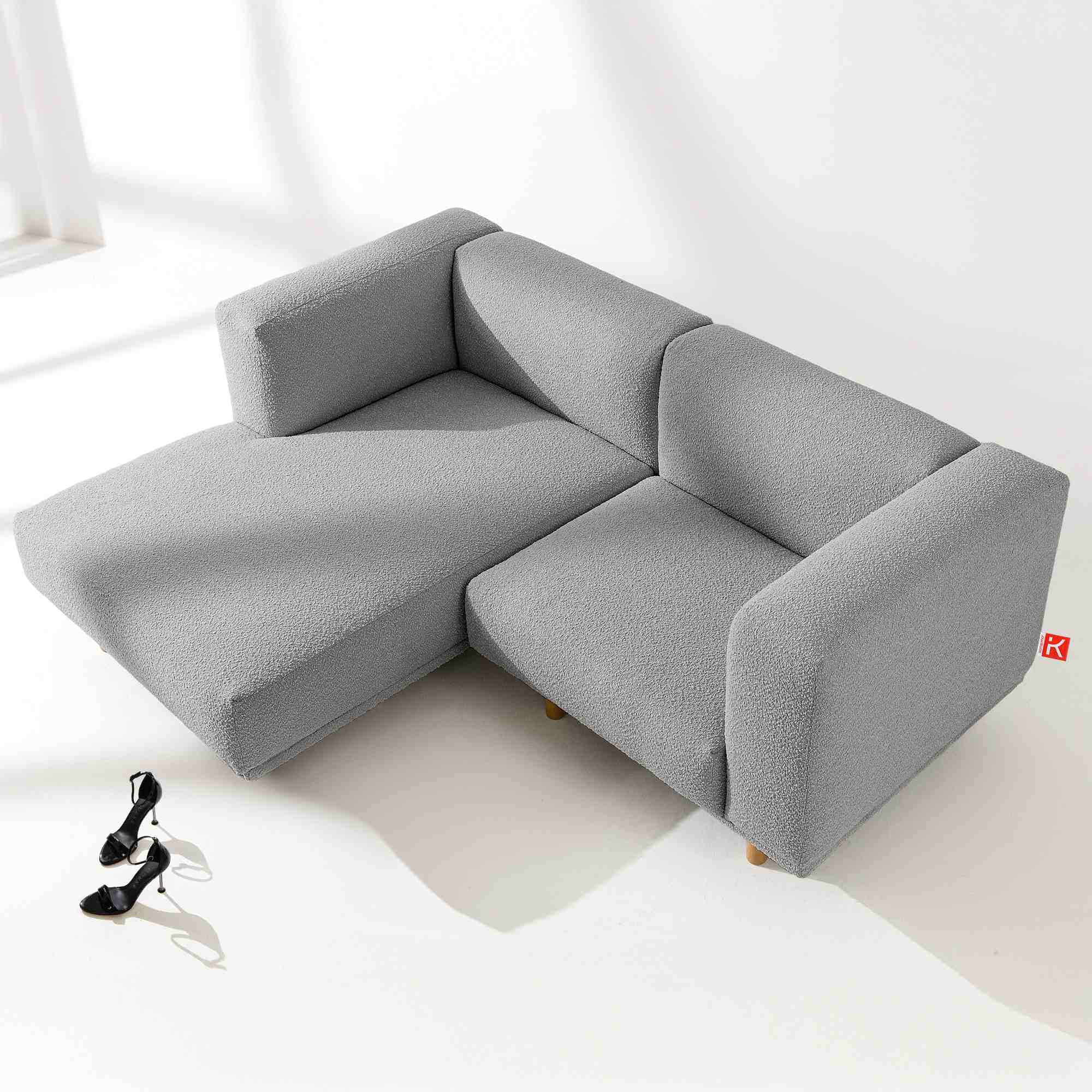 ECKSOFA-LINKS FOSERO, Bouclé - Eschefarben/Buchefarben, Holz/Holzwerkstoff (204/155cm) - KONSIMO®