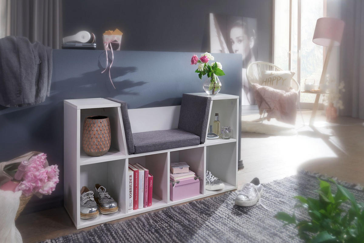 SCHUHBANK – Weiß matt, 101,5x61,5x30 cm, Sitzfläche Grau, 6 Fächer - Weiß/Grau, Holz/Textil (102/62/30cm) - KADIMA DESIGN