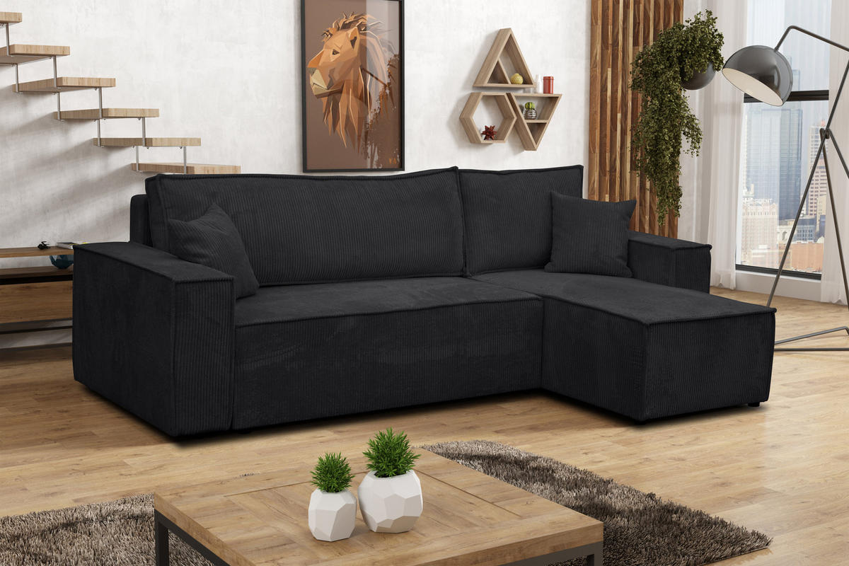ECKSOFA Hugo L in L-Form mit Schlaffunktion und Bettkasten, Farbe: Schwarz, Cordstoff, Ottomane Unsiversal - Schwarz, Textil (244/145cm) - VENASI MÖBEL