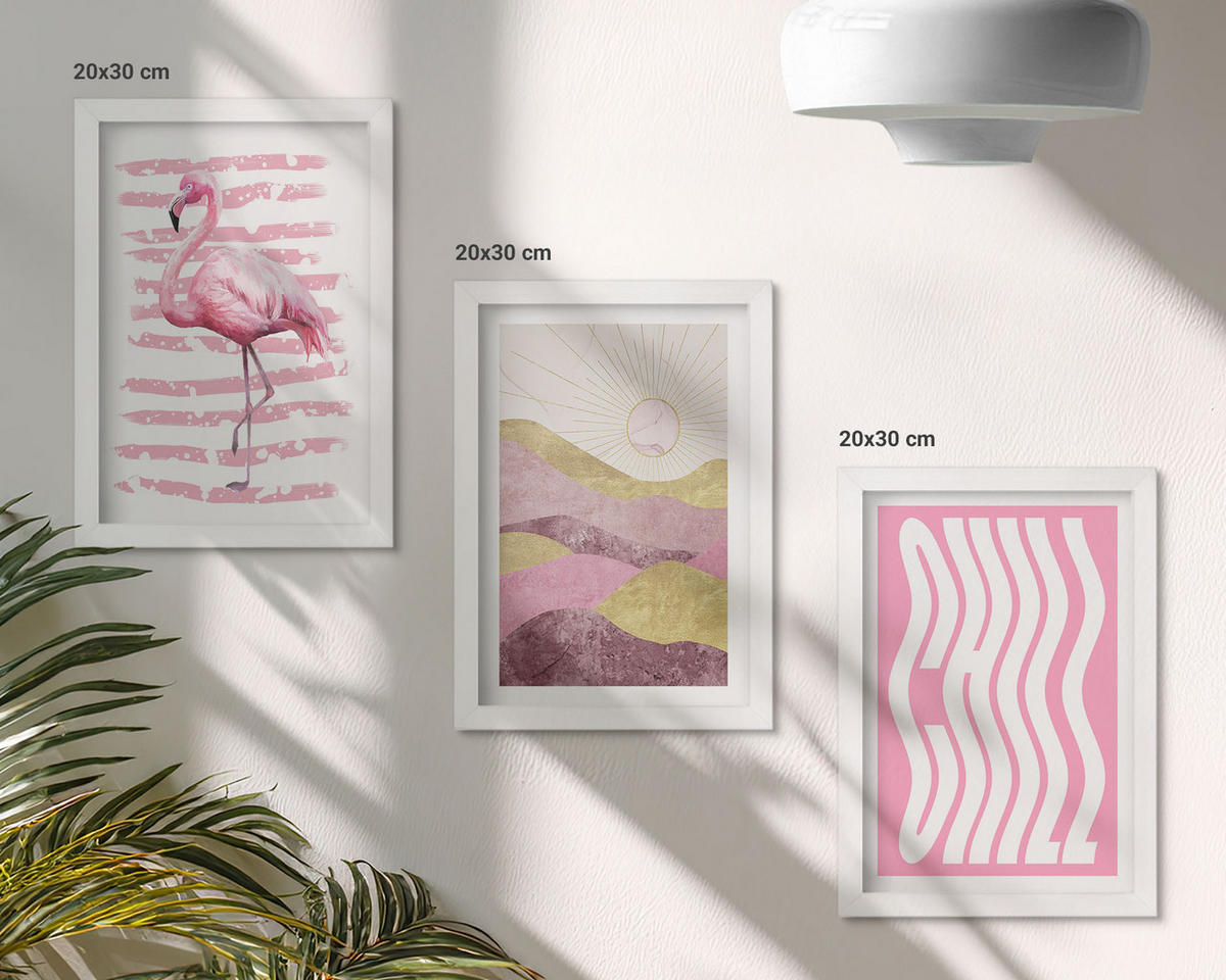 WANDBILDER 3er-Set - 20x30 cm Weißer Rahmen - Pastelllandschaft mit rosa Flamingos - Weiß, Kunststoff (20/30cm) - ArtPrintCave