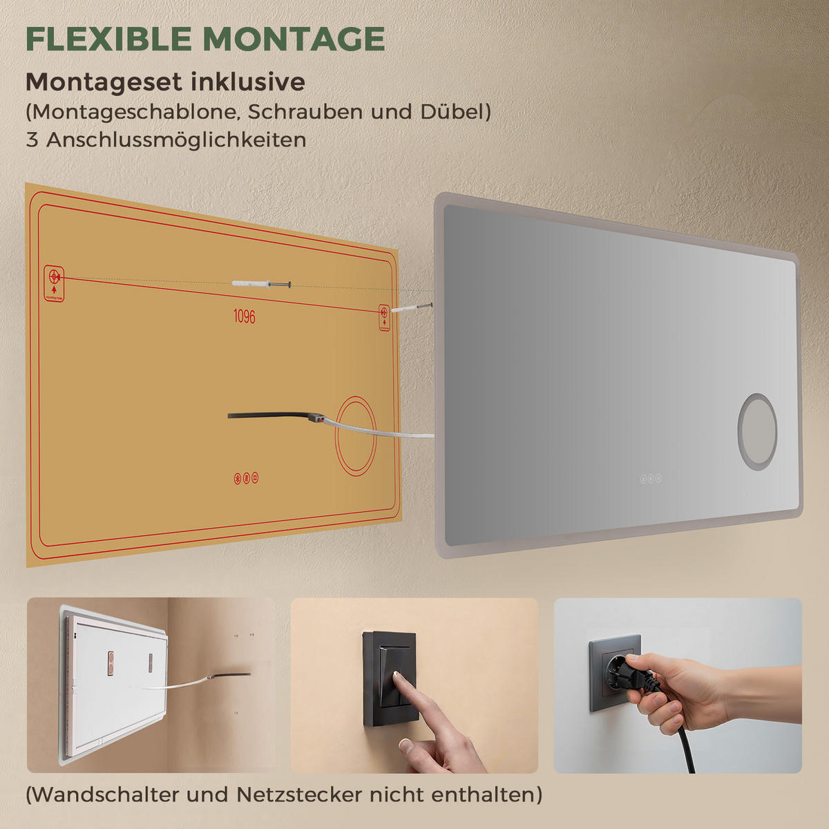 BADSPIEGEL mit Beleuchtung 60/120 cm rechteckig LED, Bluetooth, Vergrößerungsspiegel, Antibeschlag - Transparent, Glas (120/60/3.5cm) - S'AFIELINA