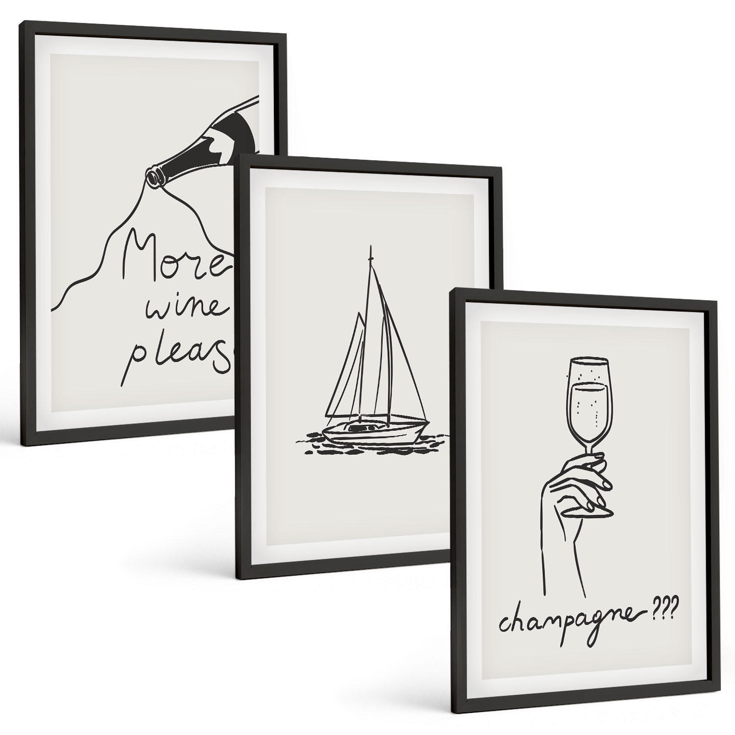 BILDER SET 3er Set - 40x60 cm Schwarzer Rahmen - Weinsegelboot-Glas-Linienzeichnung - Schwarz, Kunststoff (40/60cm) - TULUP