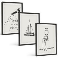 BILDER SET 3er Set - 40x60 cm Schwarzer Rahmen - Weinsegelboot-Glas-Linienzeichnung - Schwarz, Kunststoff (40/60cm) - TULUP