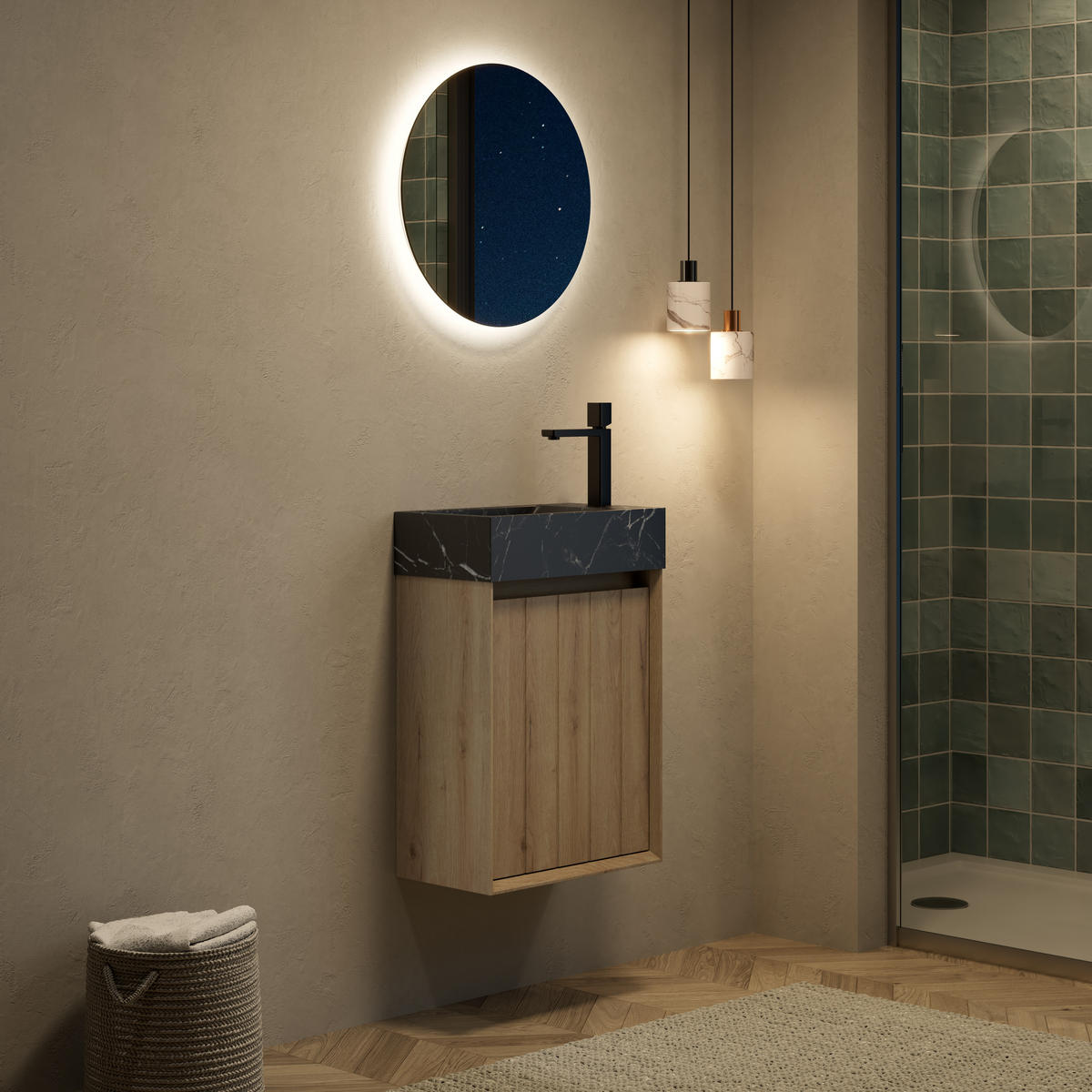 WASCHTISCHUNTERSCHRANK 40x22x58cm Eiche/Schwarz mit Naturmarmorbecken - Eichefarben, Stein (40/58/22cm) - Modfu