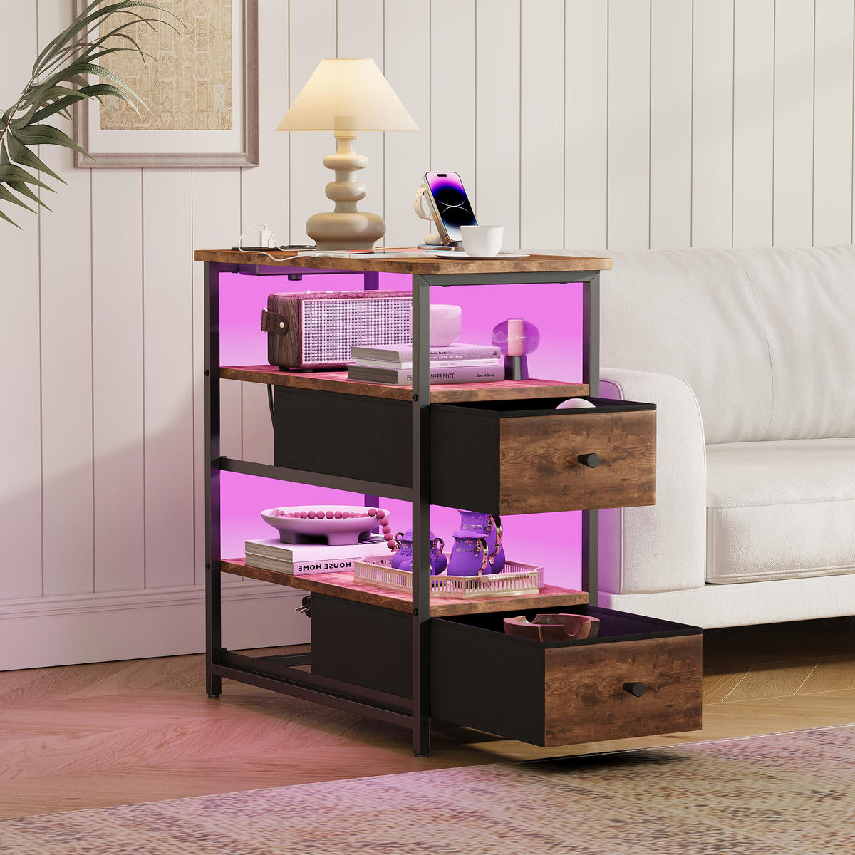 NACHTTISCH LED USB 2 Schubladen 2 Fächer Vintage braun - Braun, Holz (58/28/60.5cm) - LEBENLANG