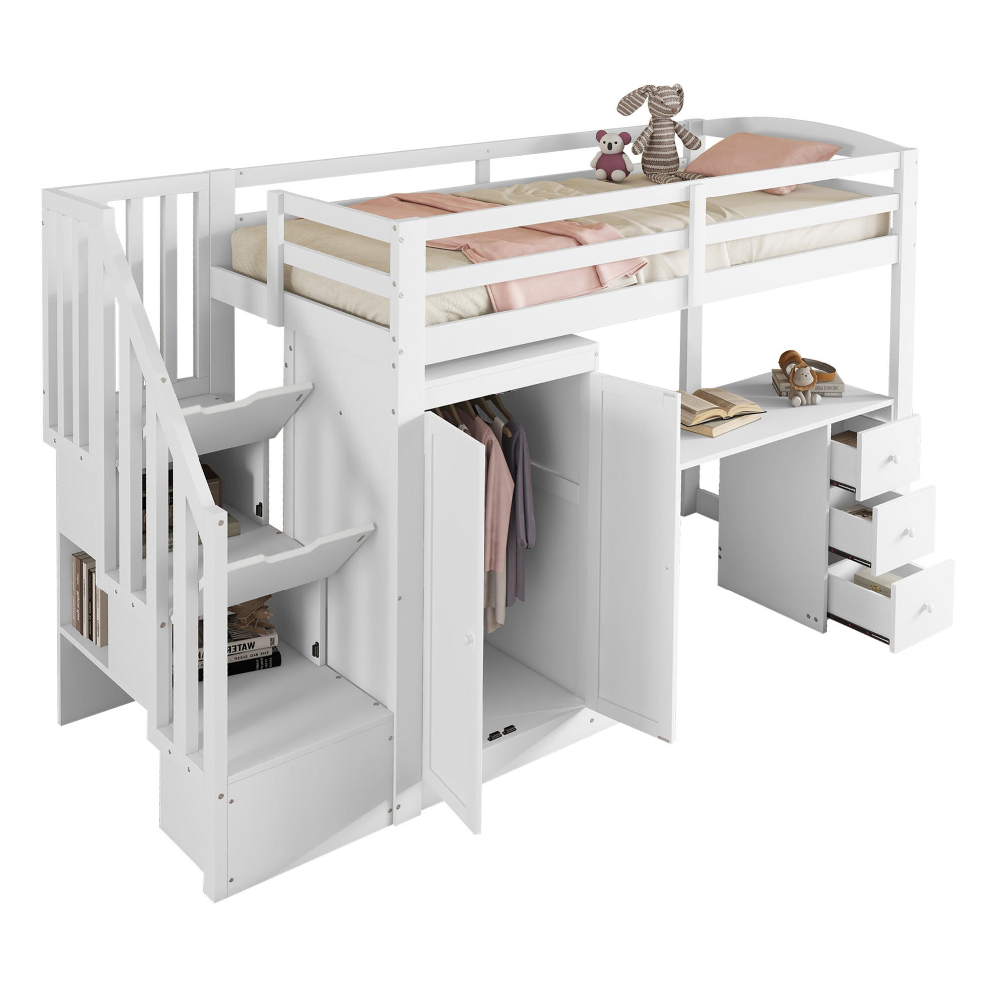 HOCHBETT 90/200 cm in Weiß – mit Schreibtisch, Kleiderschrank und Stauraumtreppe - Weiß, Holzwerkstoff (90/200cm) - BEAOK