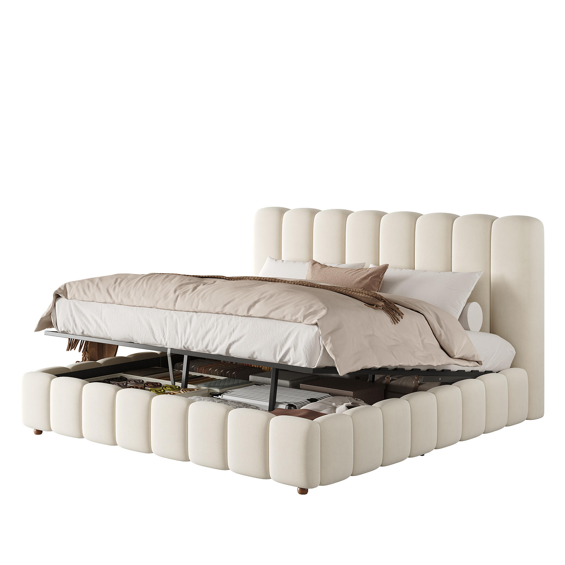 POLSTERBETT aus Samt 180x200 cm Beige mit hydraulischem Bettkasten und Lattenrost - Beige, Textil (180/200cm) - Modfu