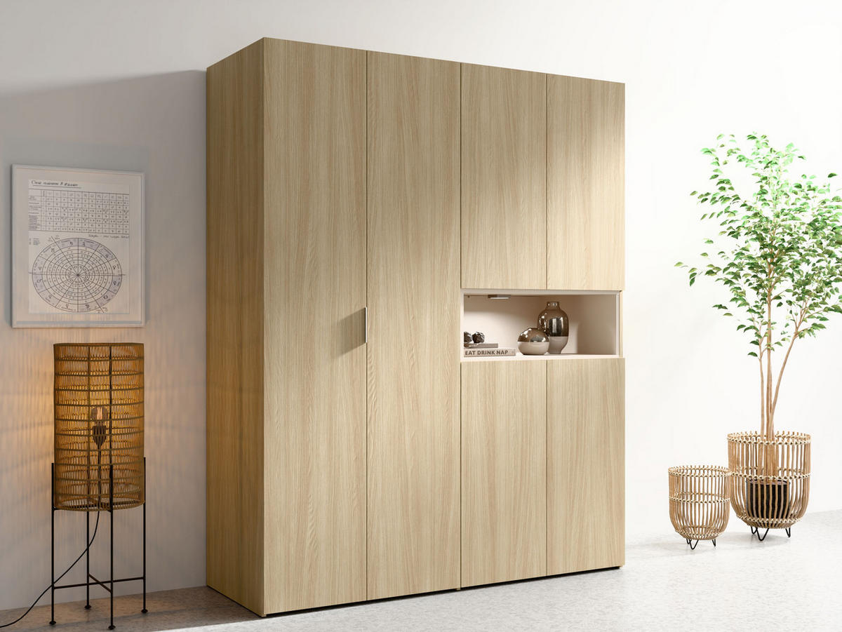 KLEIDERSCHRANK VARENO 20 - 161×202×58 cm 6 Türen mit Beleuchtung Barista Eiche / Wüstensand - Sandfarben/Eichefarben, Holzwerkstoff (161/202/58cm) - Milaros Markt
