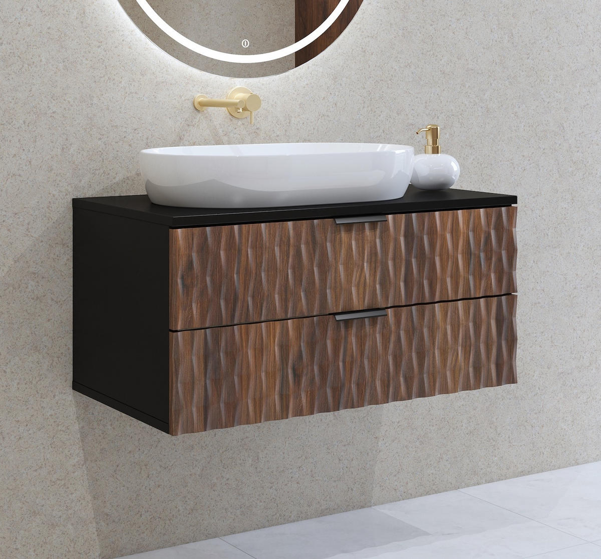 WASCHBECKENUNTERSCHRANK Java 2 Schubladen Walnuss Braun mit Schwarz - 81 x 48 x 40 cm - Eichefarben/Schwarz, Holz (81/40/48cm) - Badplaats