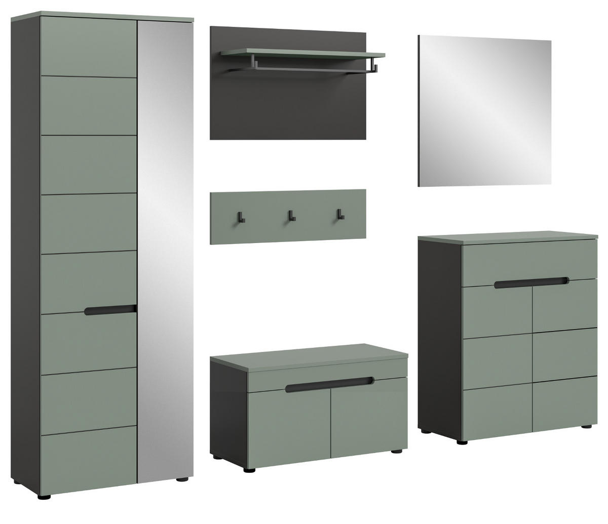 GARDEROBE SET 6-teilig Salbei Grün, Basalt Grau, Komplett-Set mit Soft-Close - Salbeigrün/Schwarz, Holzwerkstoff/Kunststoff (255/190/37cm) - Inn.Furn