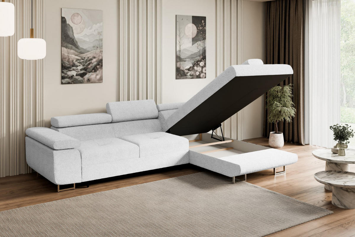 ECKSOFA mit Schlaffunktion und Bettkasten GUSA-L 272x202x107 cm Weiß Bouclé - Silberfarben/Weiß, Holzwerkstoff/Textil (272/202cm) - ALTDECOR