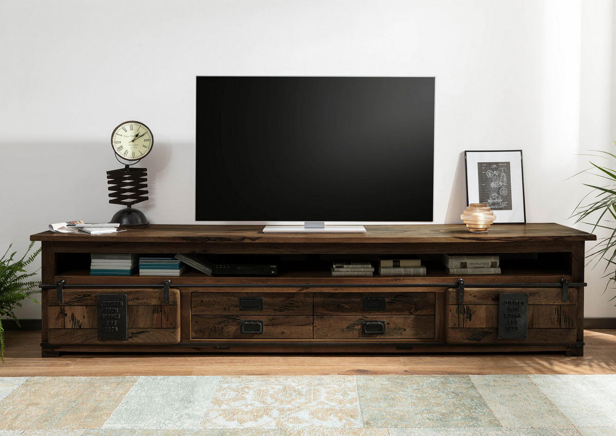 TV-BOARD Mango 260x50x60 braun lackiert RAILWAY #455 - Braun, Holz (260/60/50cm) - Massivmoebel24
