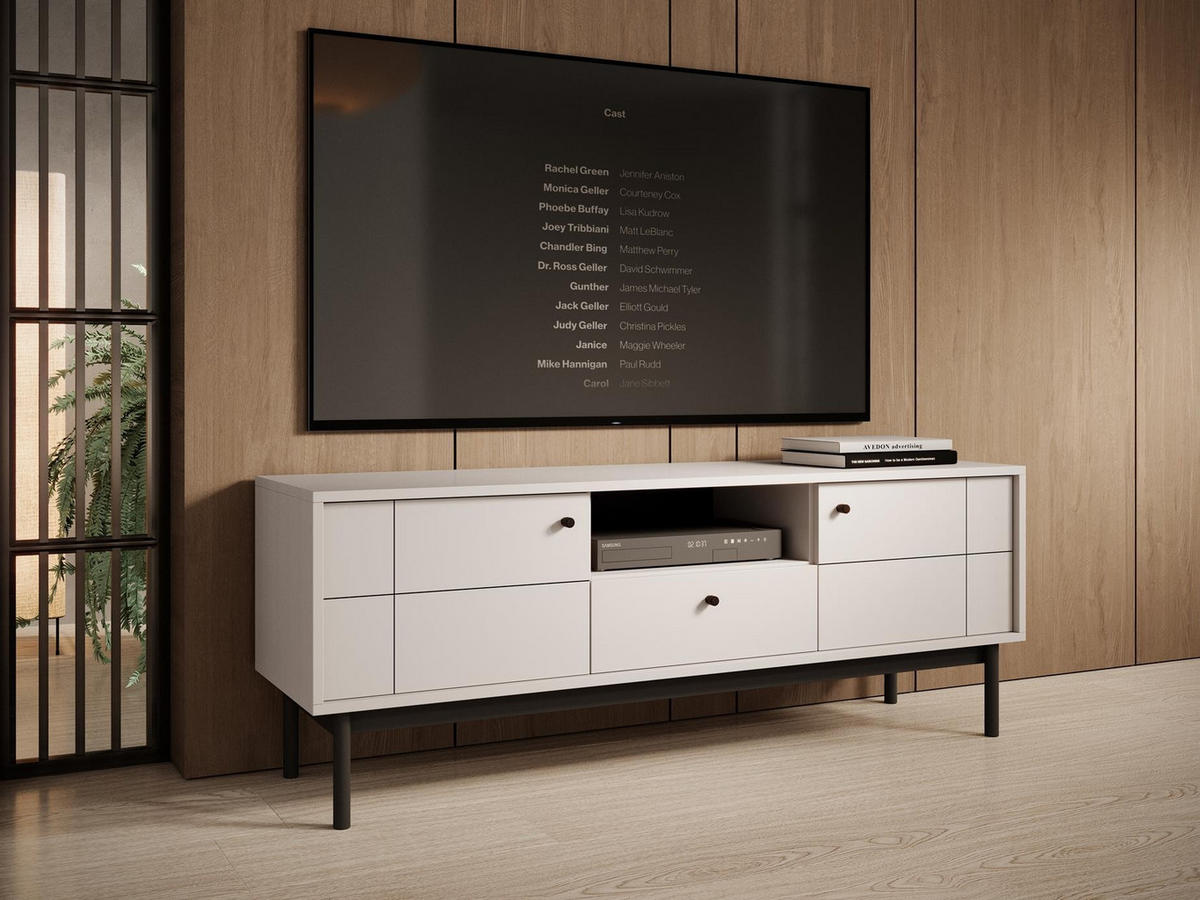 TV-SCHRANK Panda Beige, Schwarze Beine, Tv-Tisch mit Schublade - Beige/Schwarz, Holzwerkstoff (154/57/39cm) - Bettso