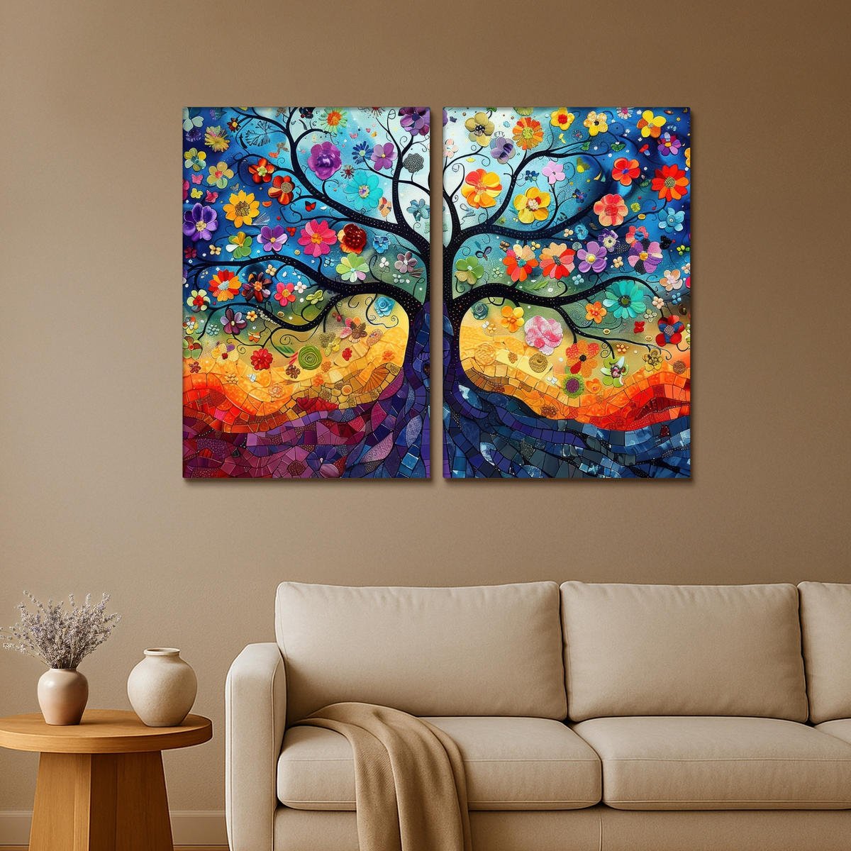 LEINWANDBILD 2er Set Bunt - Baum des Lebens - Blumen - Abstrakt 160x120 cm - Blau, Textil (160/120cm) - MuchoWow