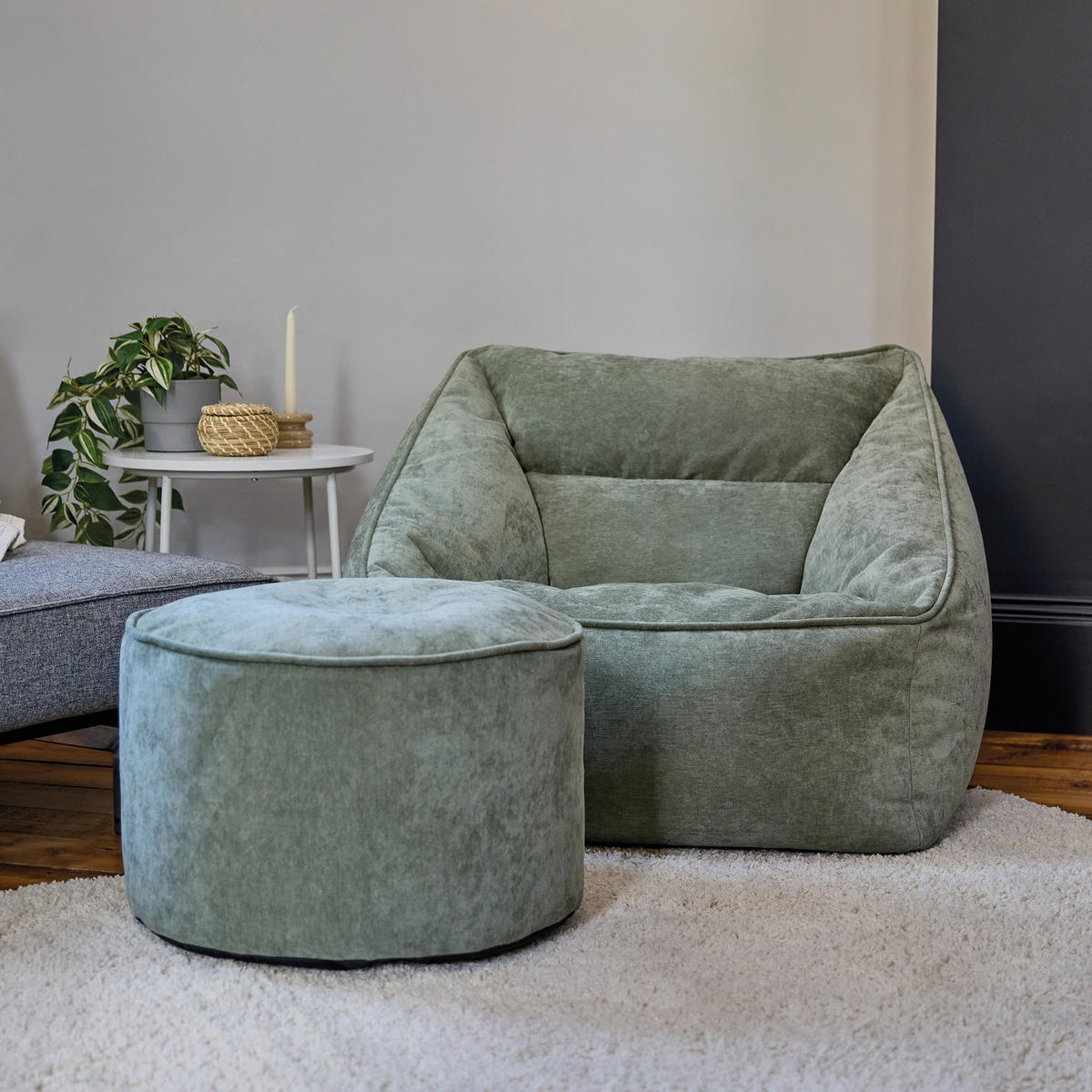SITZSACK Chenille-Sessel icon Natalia und Fußhocker-Sitzsack Milano im 2-teiligen Set, salbeigrün - Salbeigrün, Kunststoff/Textil (100/80/88cm) - icon