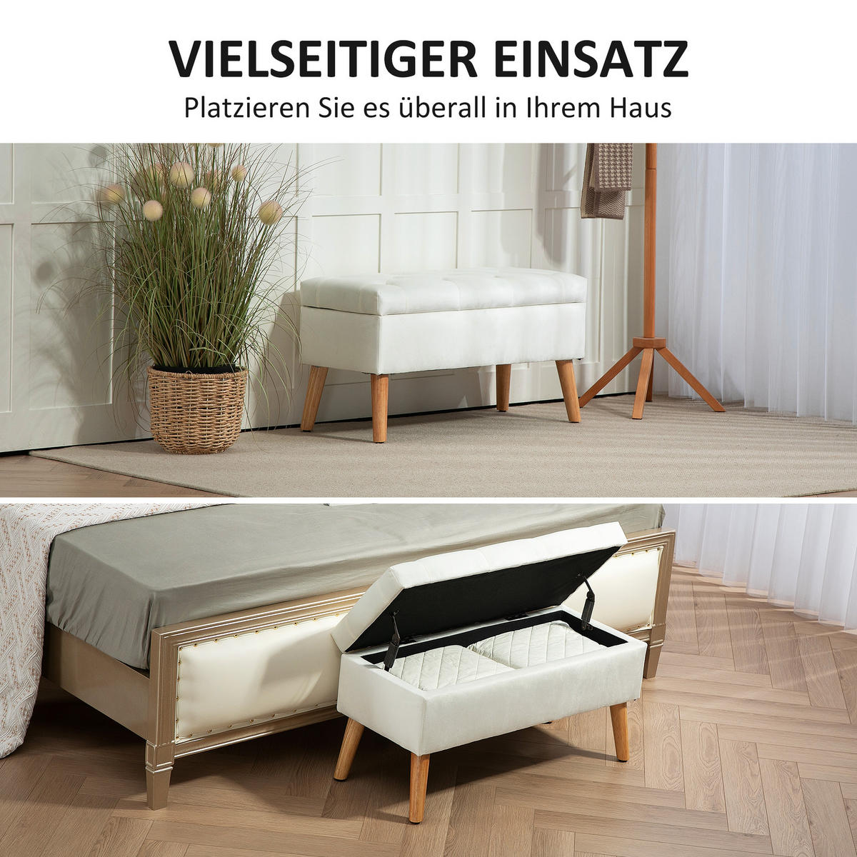 SITZBANK mit Stauraum, Polsterbank mit Deckel, Bettbank mit Samtoptik Weiß - Weiß, Kunststoff (35/40/80cm) - HOMCOM