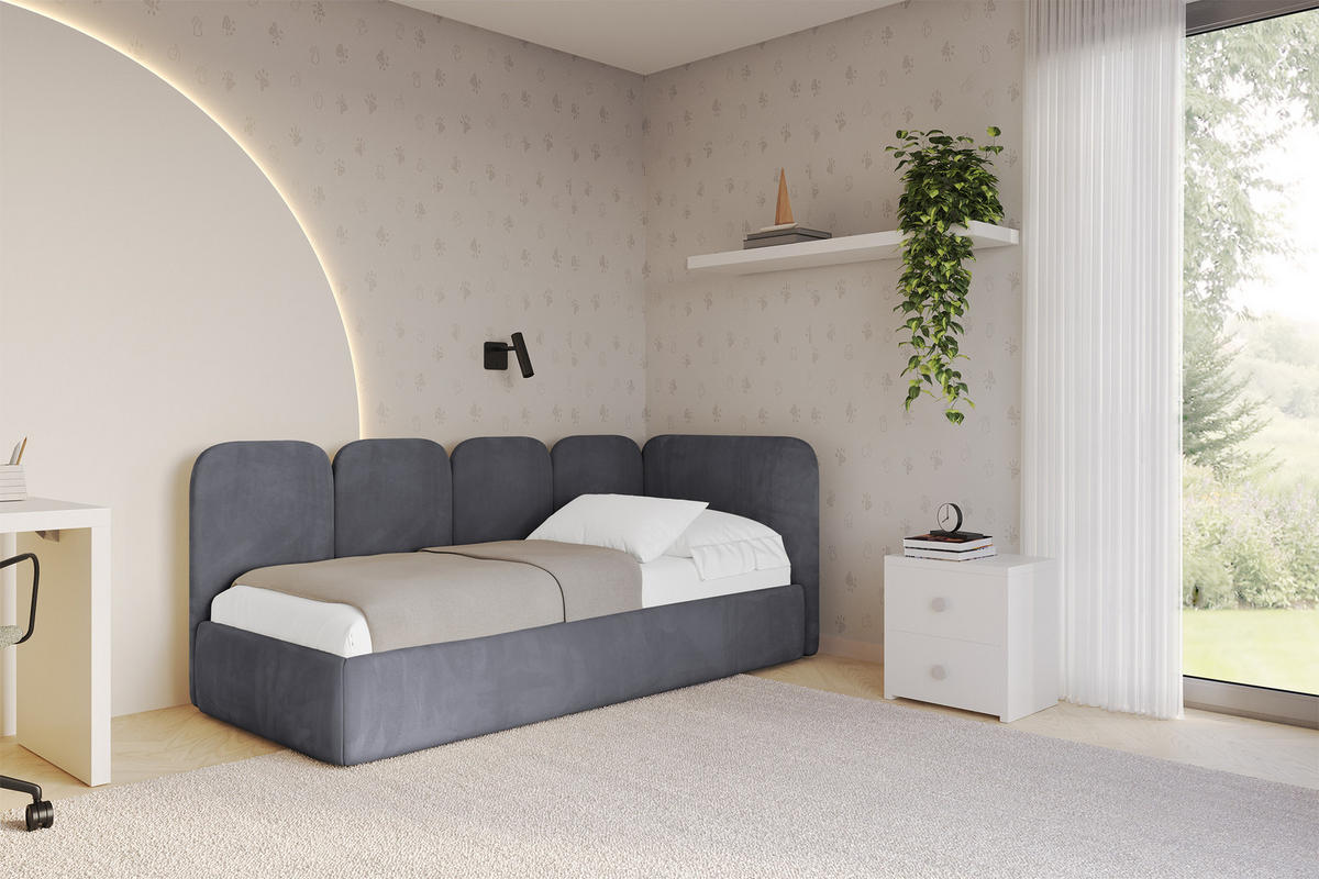 EINZELLBETT Jugendbett mit Bettkasten, Links - VELY 90x200 Dunkelgrau - Dunkelgrau, Holzwerkstoff/Textil (90/200cm) - ALTDECOR