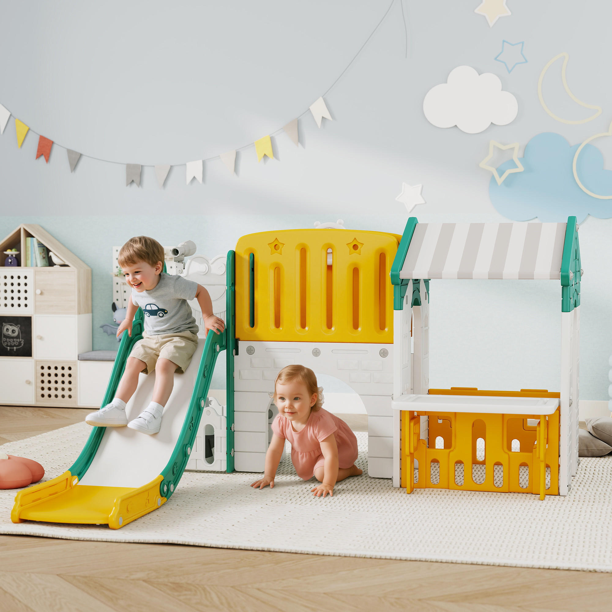 KINDERRUTSCHE 7 in 1 mit Klettergerüst, Basketballkorb, Tunnel, Teleskop - Multicolor, Kunststoff (180/111/189cm) - AIYAPLAY