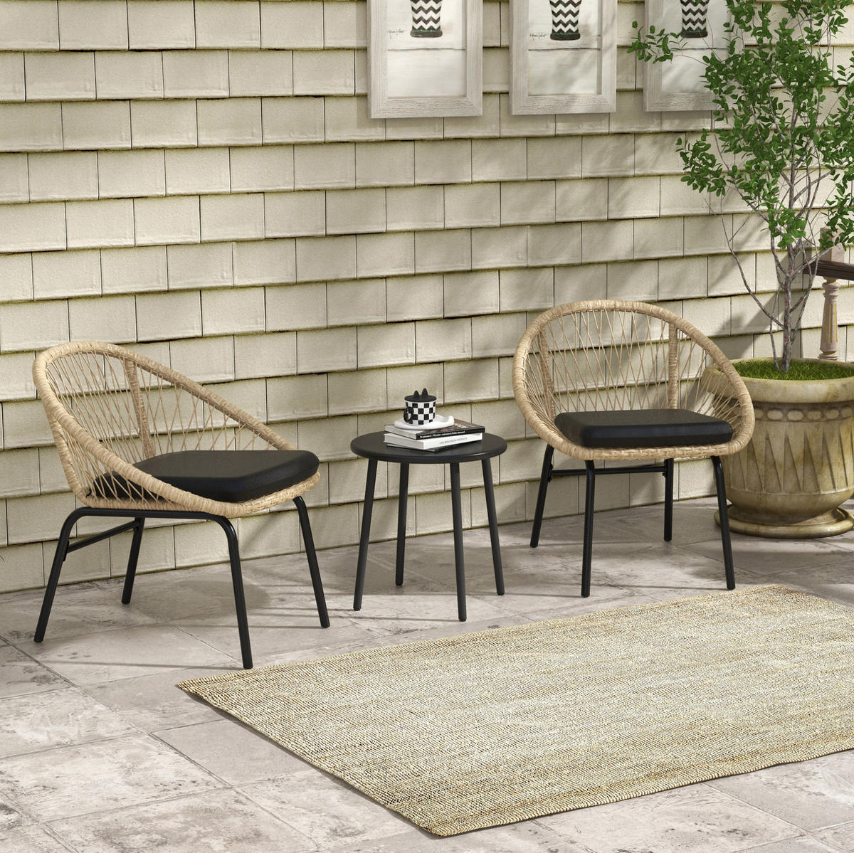 BALKONSET Ø40×45cm Rattan mit Kissen und Tisch Stahlplatte - Gelb, Naturmaterialien - Modfu