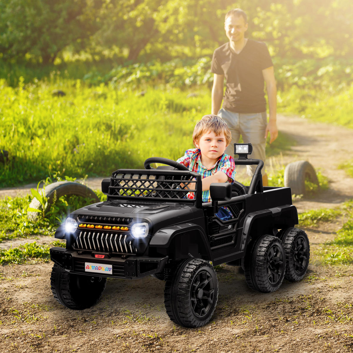 ELEKTRISCHES Kinderauto 12V, mit Anhänger, LED-Lichtern, Musik und Hupe, für Kinder im Alter von 3-8 Jahren, Schwarz - Schwarz, Kunststoff/Metall (122/62.5/65cm) - AIYAPLAY