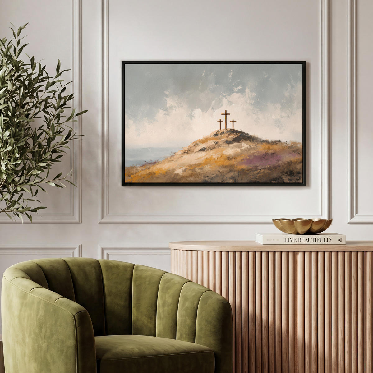 LEINWAND Bilder mit Rahmen - Hügel - Abstrakt - Christentum - Kreuz - 60x40 - Hellgrau, Textil (60/40cm) - MuchoWow