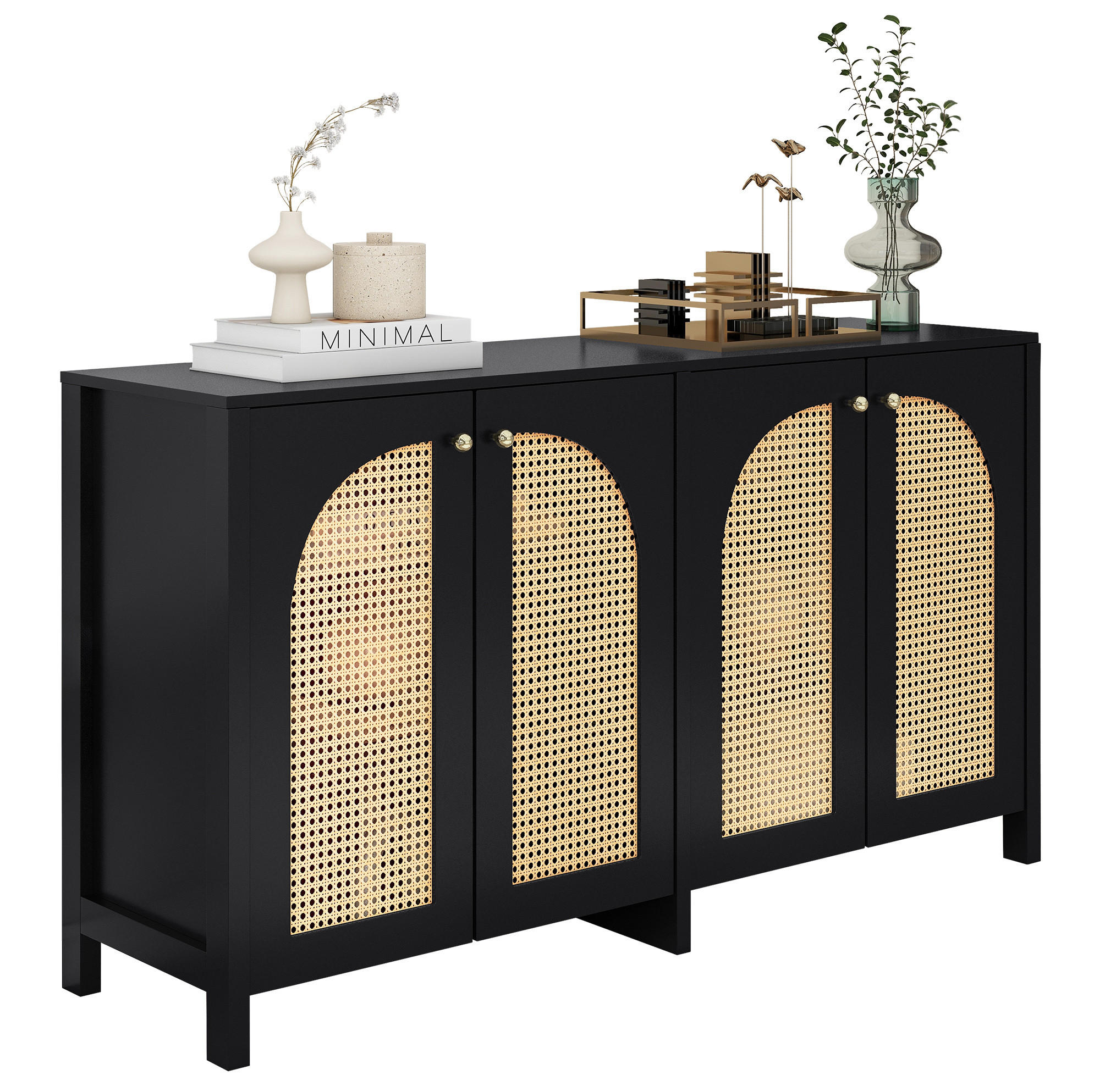 SIDEBOARD 145/80/40 cm Schwarz aus MDF mit 4 Rattantüren - Schwarz, Holzwerkstoff (80/40/145cm) - OKMYHOME