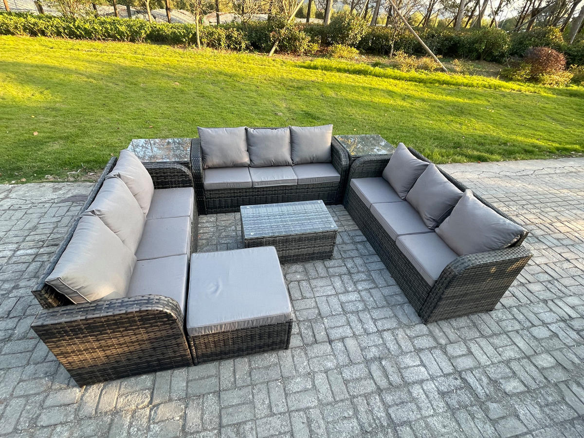 GARTENMÖBELGARNITUR mit KISSEN Polyrattan Dunkelgrau 10-Sitzer - Dunkelgrau/Grau, Glas/Kunststoff - Fimous