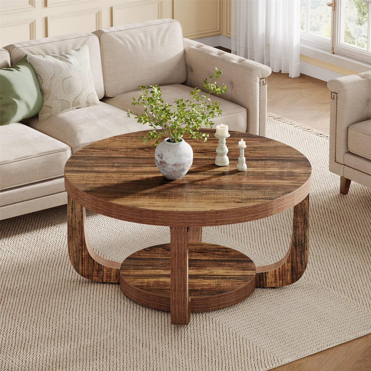 COUCHTISCH Rund 80 cm 2 Ebenen Stauraum - Braun, Holz (80/80/41cm) - Bomclap