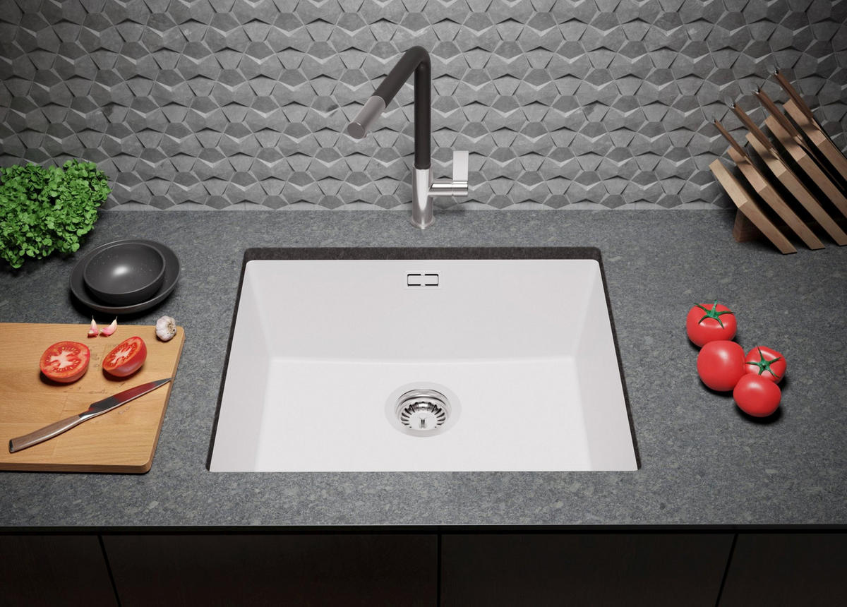 UNTERBAUSPÜLE GRANIT London, 2-er set Weiß 56/47 cm 1 Becken + Küchenarmatur 32/20 cm + Ablauf-Set ab 60er Unterschrank - Chromfarben/Weiß, Kunststoff (56/20/47cm) - Primagran