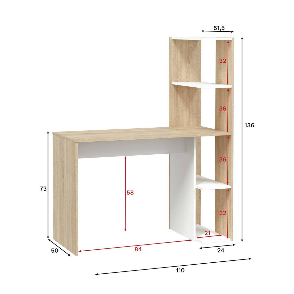 SCHREIBTISCH Weiß, Eiche 52/110/136 cm - Weiß, Holzwerkstoff (52/110/136cm) - DMORA