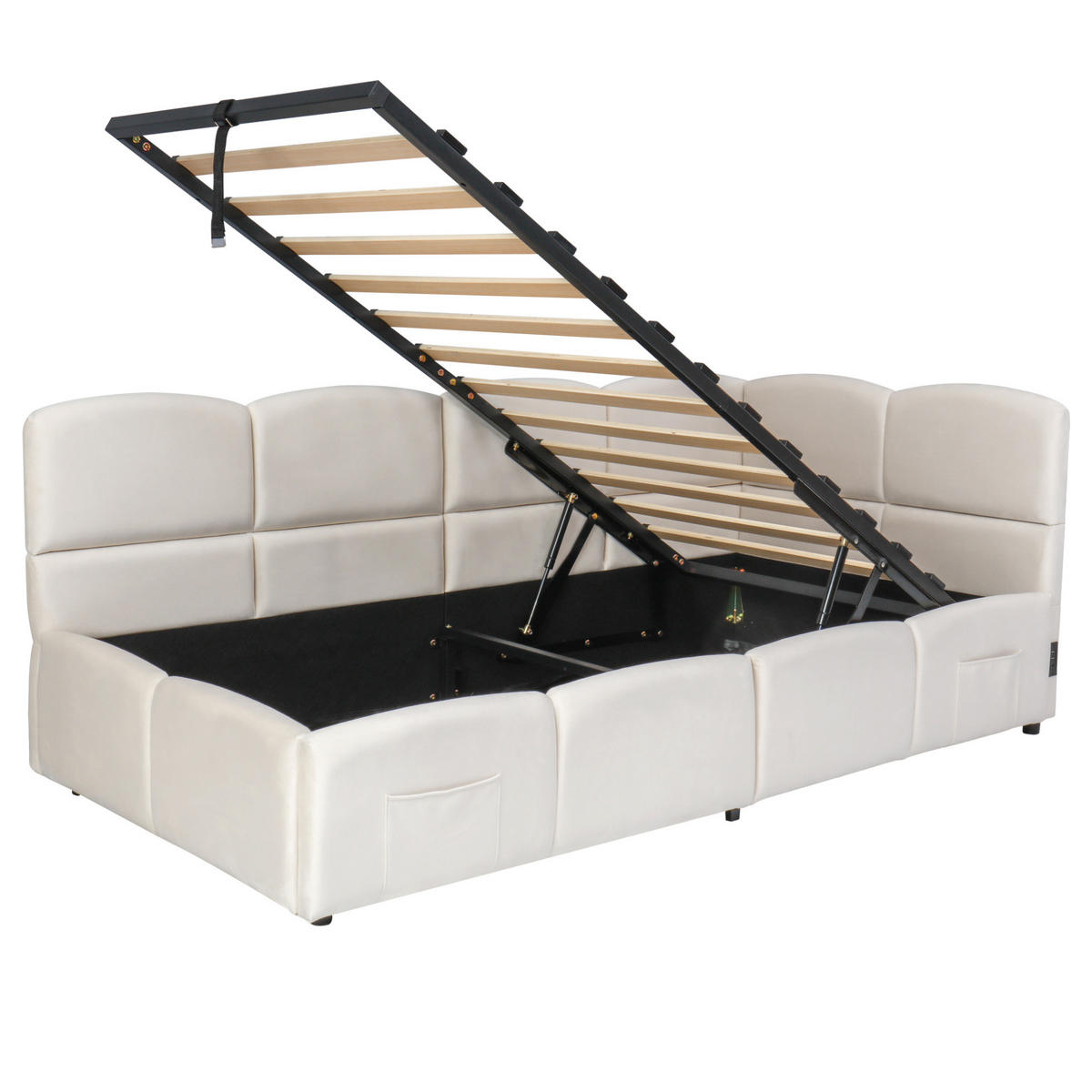 POLSTERBETT aus Samt 90x200 cm in Beige mit Stauraum & USB-Anschlüssen - Beige, Textil (90/200cm) - Modfu