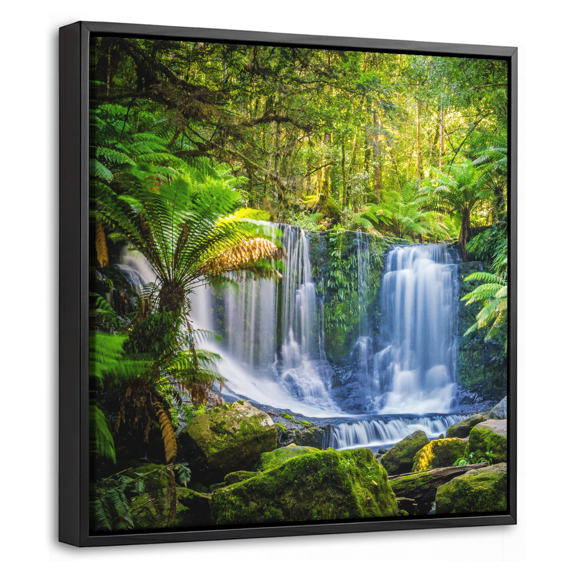 LEINWAND Bilder mit Rahmen - Dschungel - Wasserfall - Australien - Pflanzen - Natur - 20x20 - Dunkelgrün, Textil (20/20cm) - MuchoWow