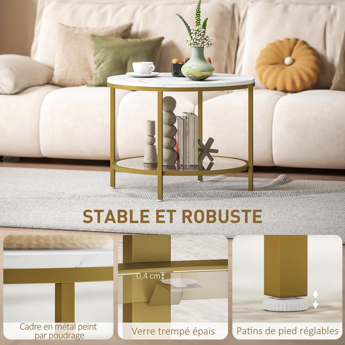 COUCHTISCH DE-15785 mit Marmoroptik & Glasablage Weiß - Weiß, Holzwerkstoff (60/60/45cm) - ComfortXL
