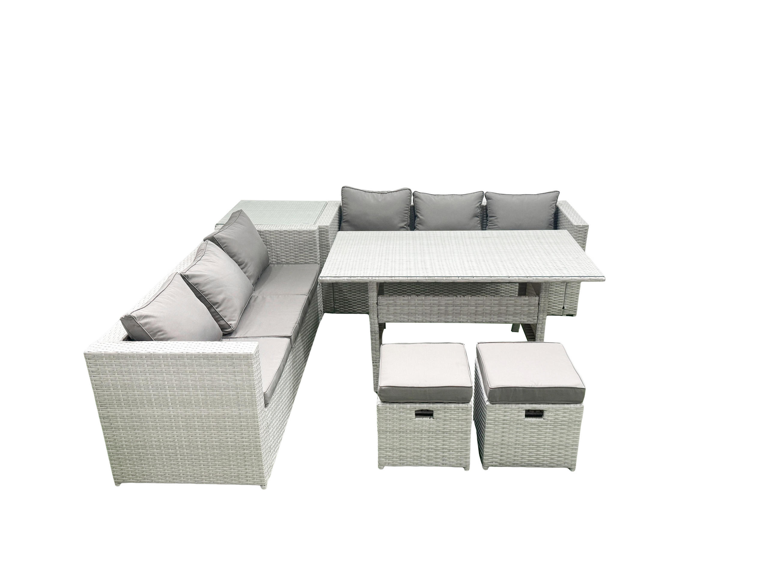 GARTENMÖBEL SET mit Esstisch,2 Hockern,Beistelltisch Polyrattan Hellgrau 8-Sitzer - Hellgrau/Grau, Glas/Kunststoff - Fimous