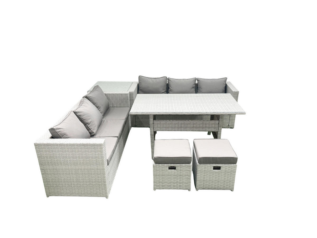GARTENMÖBEL SET mit Esstisch,2 Hockern,Beistelltisch Polyrattan Hellgrau 8-Sitzer - Hellgrau/Grau, Glas/Kunststoff - Fimous