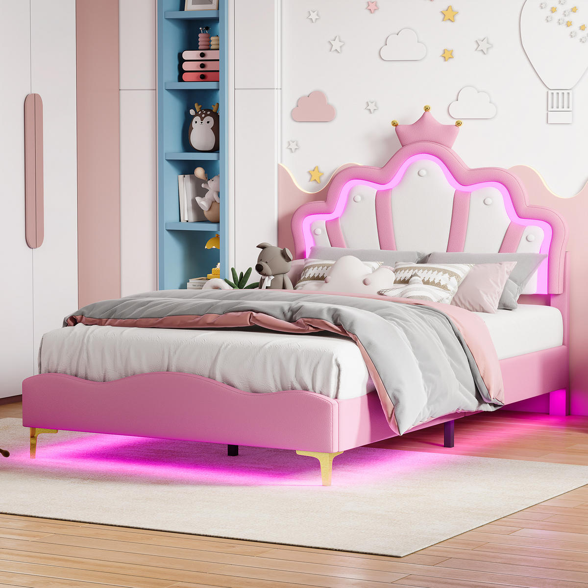 KINDERBETT 90/190 cm Rosa,LED-Kinderbett mit Verstellbarem Kopfteil,PU-Polsterbett - Rosa, Holz/Textil (90/190cm) - PARAFTA HOME