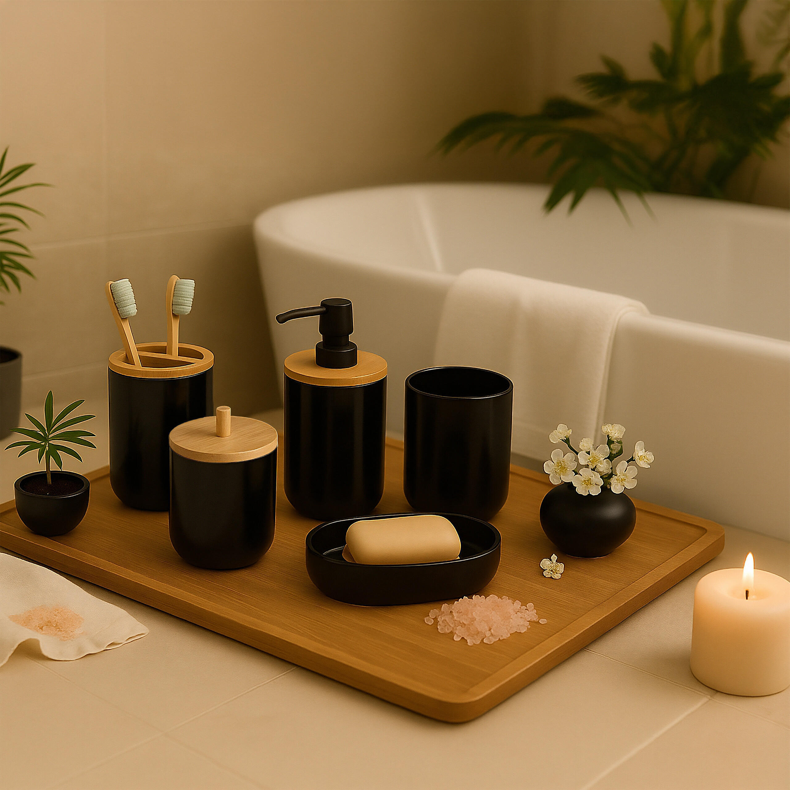 BADEZIMMER-SET 7-tlg. - Schwarz, Holz/Kunststoff (18/27/18cm) - Relaxdays