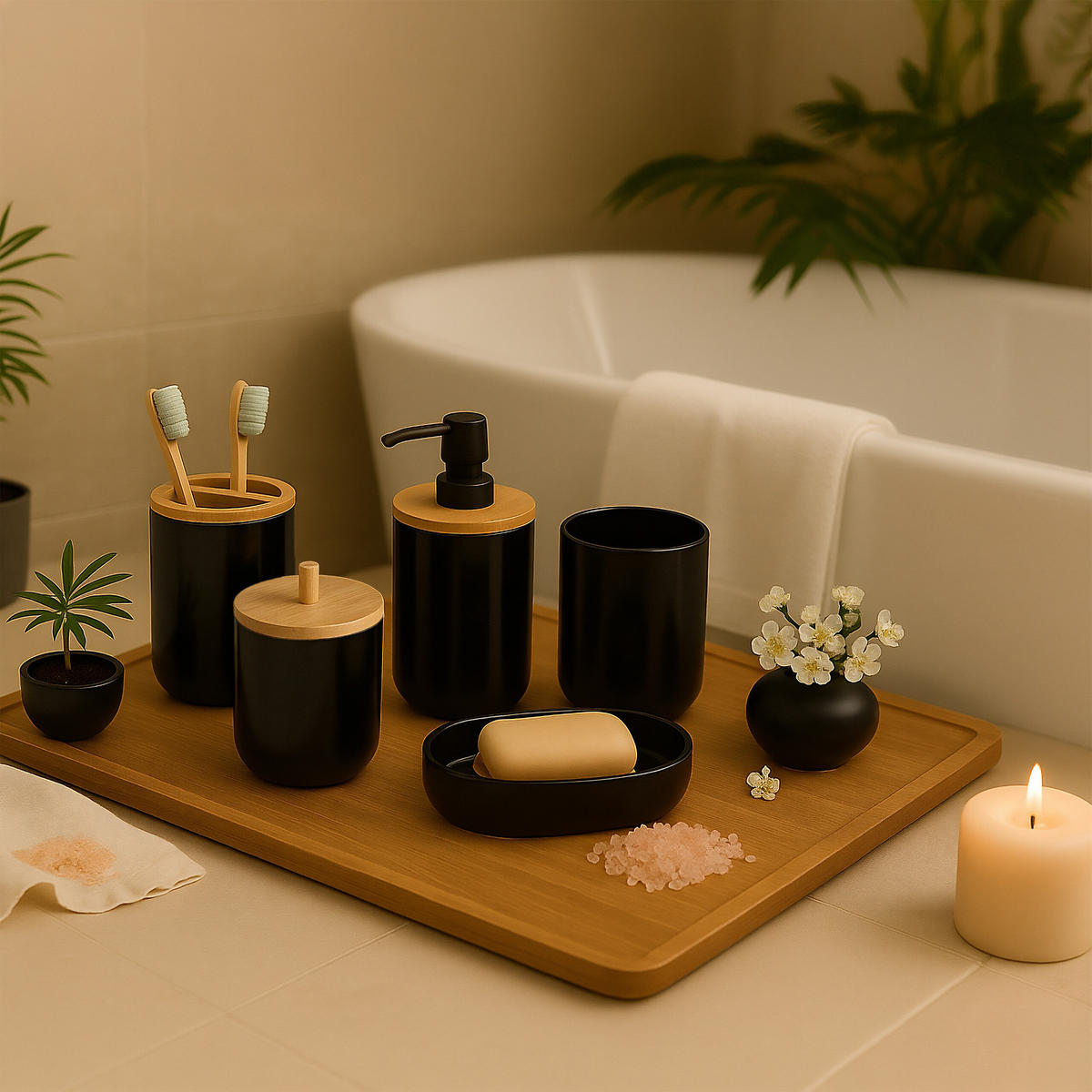 BADEZIMMER-SET 7-tlg. - Schwarz, Holz/Kunststoff (18/27/18cm) - Relaxdays