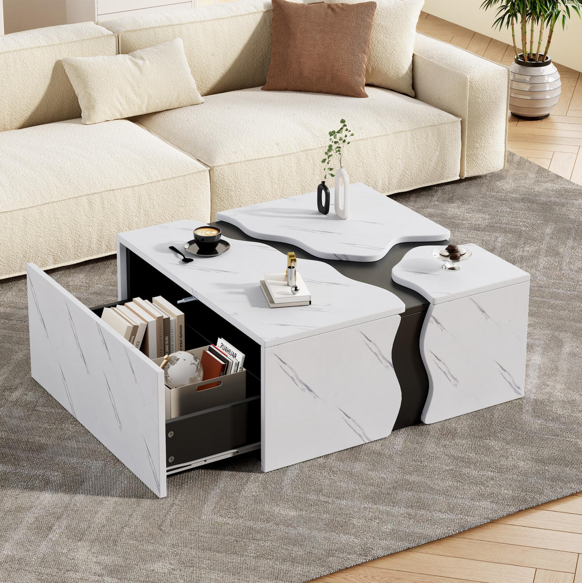 COUCHTISCH 70/70/31 cm weiß aus Spanplatte mit Schublade in Marmoroptik - Weiß, Holzwerkstoff (70/70/31cm) - OKMYHOME