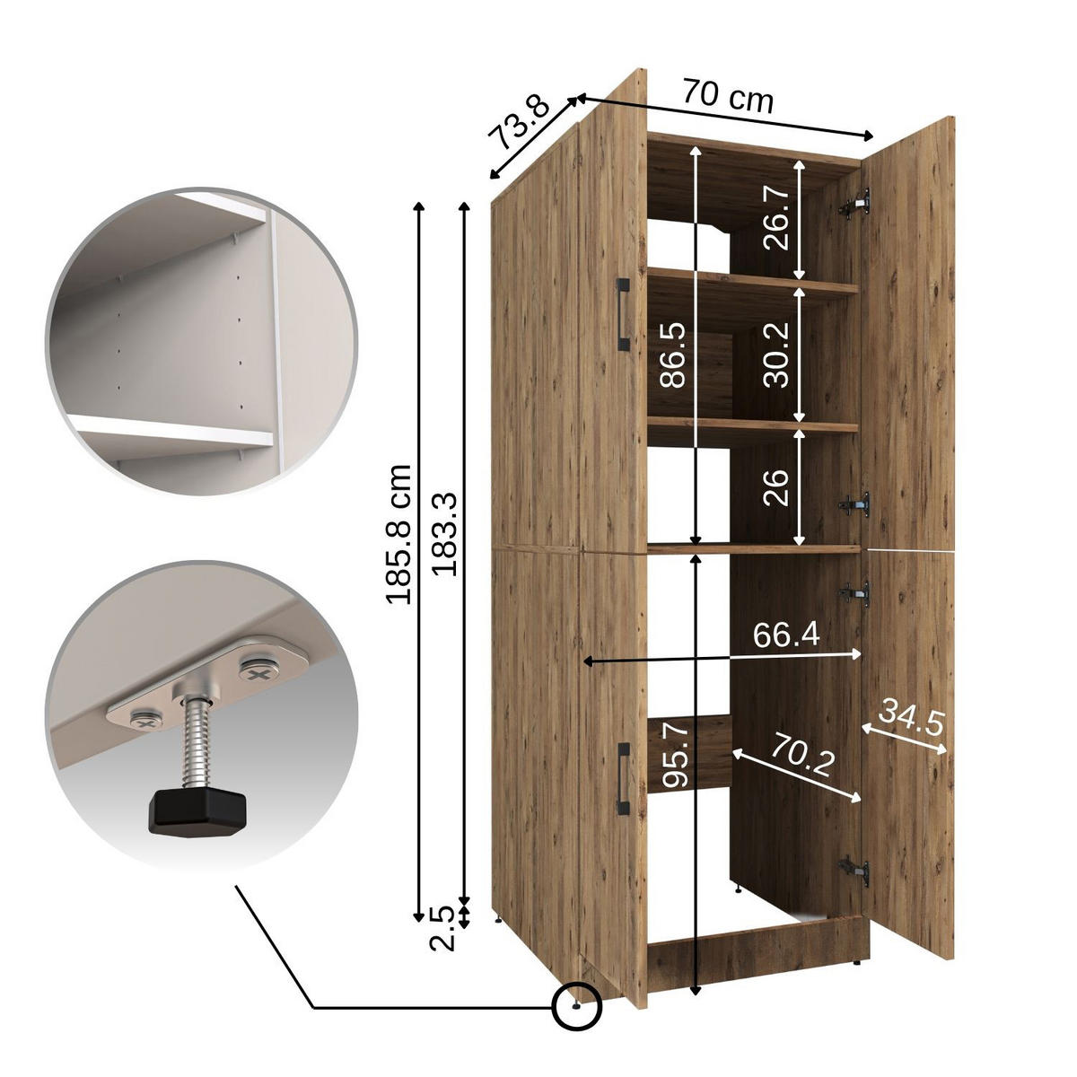 WASCHMASCHINENSCHRANK DORA-II 70cm Breit - Eichefarben, Holzwerkstoff (70/186/74cm)